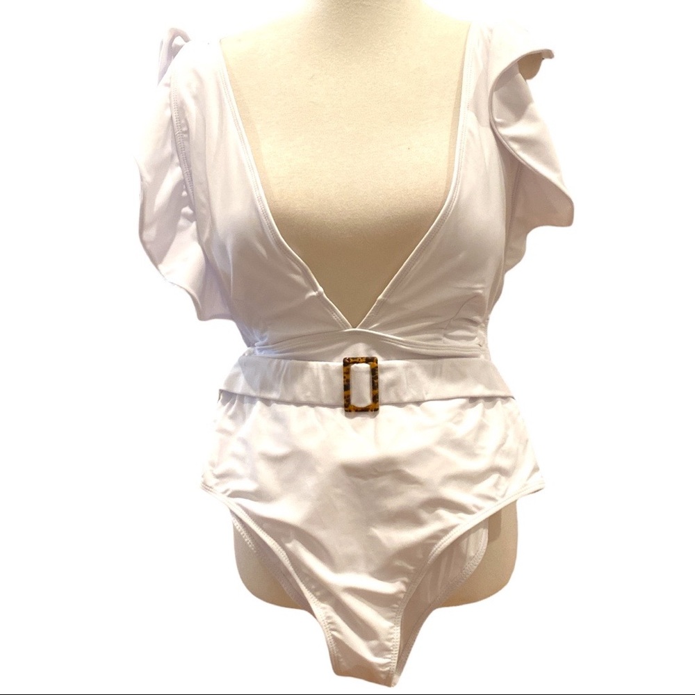 WHITE one piece with sleeves full uncovered back high thighs belt swimsuit Sz Xl